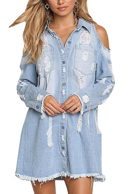 Ybenlover Damen Destroyed Jeanskleider Boyfriend Schulterfrei Langarm Kleider