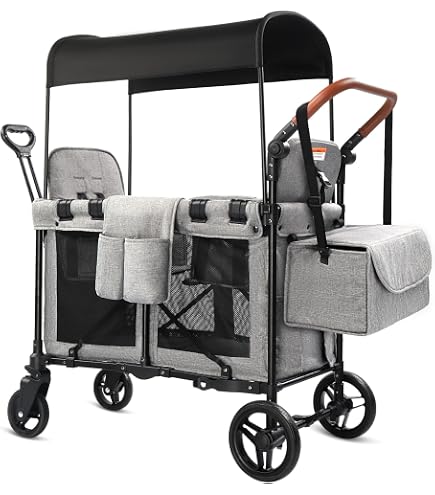 Amazon.com : Stroller Wagon for 2 Kids, Cart Featuring 2 High Seat with  5-Point Harnesses and Adjustable Canopy, Foldable Double Push Bar for  Garden : Toys & Games