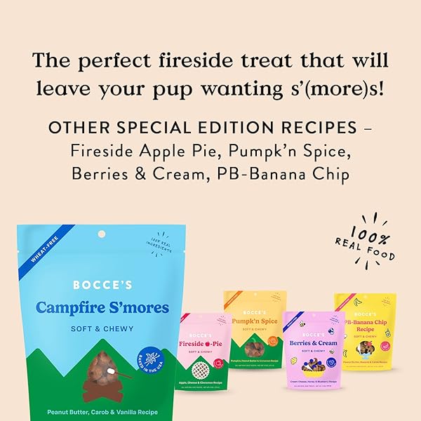 BOCCE’S BAKERY CAMPFIRE S’MORES TREATS FOR DOGS, WHEAT-FREE EVERYDAY DOG TREATS, MADE WITH REAL INGREDIENTS, BAKED IN THE USA, NATURAL SOFT & CHEWY COOKIES, PEANUT BUTTER, CAROB, & VANILLA, 6 OZ