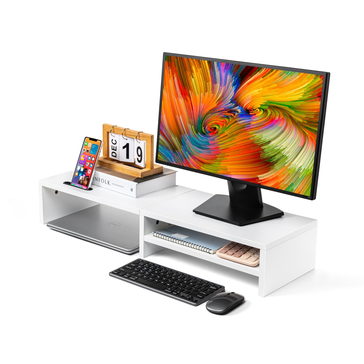 Photo 1 of HUVIBE Monitor Stand Riser,2 Tiers Wood Laptop Computer Monitor Riser Stand with Storage Organizer.Desktop Screen Monitor Stand Riser with Storage Organizer for Home Office,31.5 Inch (White)