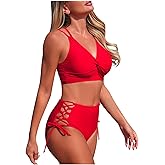 Bikini Sets for Women High Waist Tummy Control Summer Beach Swim Bathing Suits V Neck 2 Piece Swimsuit