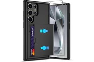 PILARU for Samsung Galaxy S24 Ultra with Card Holder, Dual-Layer Design & 2 HD Screen Protectors, Hidden Card Slot Wallet Case for Samsung S24 Ultra-Black