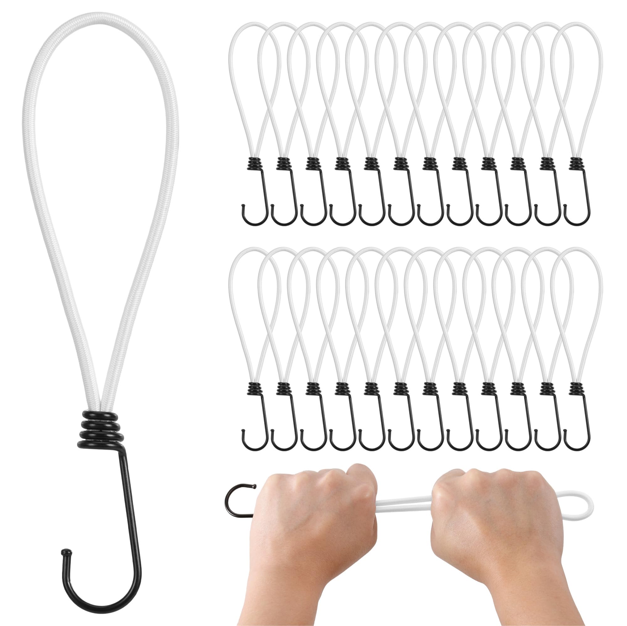 PRETEX Bungee Cords with Hooks - Set of 25pcs x 23cm (9") Universal Cord Straps and Fixings - Heavy Duty Bungees Perfect for Camping, Luggage & Tarpaulin - White Cord, Black Hook