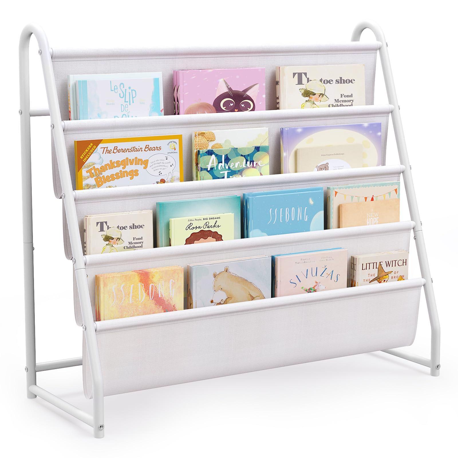 Photo 1 of Tatub 4 Tier Kids Bookshelf for Kids Rooms, Metal Children Book Rack Montessori Bookshelf, Toddler Sling Bookrack Display for Nursery, White