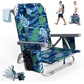 Suteck 5-Position Backpack Beach Chairs for Adults, Foldable &amp; Portable | Adjustable Lumbar Pillow,Towel Bar, Cup Holder, Cooler Pouch &amp; Side Pockets, for Outdoor, Beach, Camping