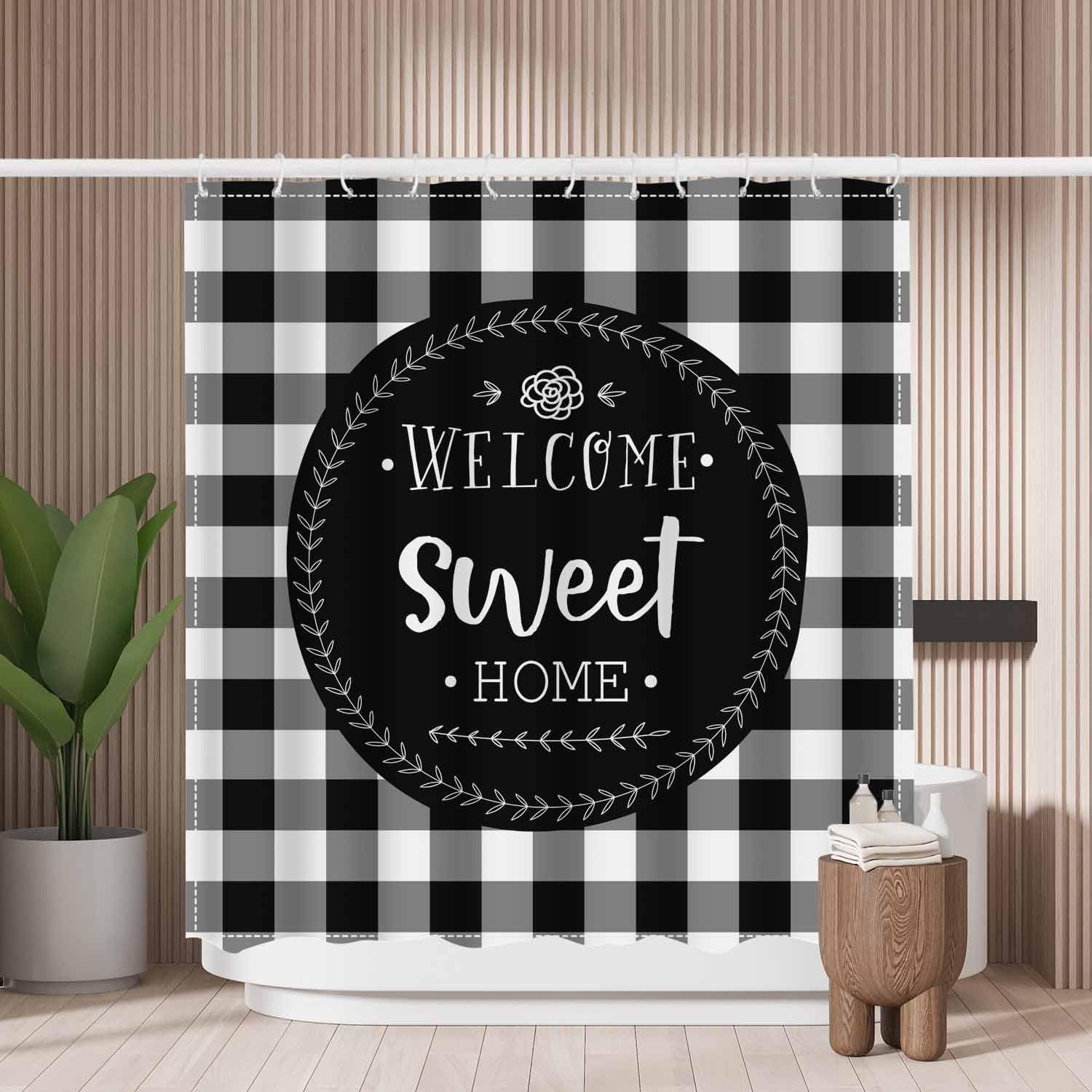 Woutay Shower Curtain Mould Proof Resistant Sweet Home Gray White Grid,Water Repellant Fabric,Polyester,with 12 Plastic Hooks