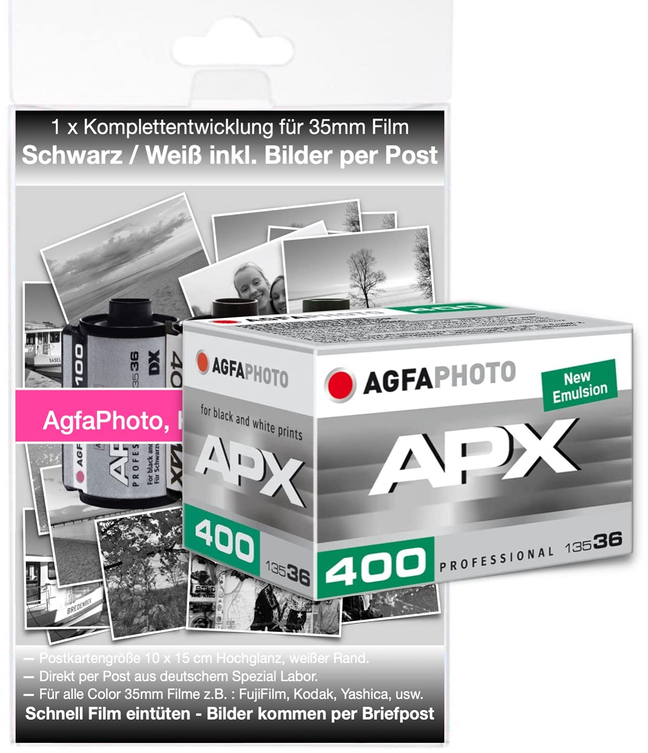 Agfaphoto Black/White Film 400 ASA for up to 36 Pictures Including Complete Development Black/White Pictures by Post in Postcards Size 10 x 15 cm/WOLRDWIDE SHIPPING + WE TREANSFER