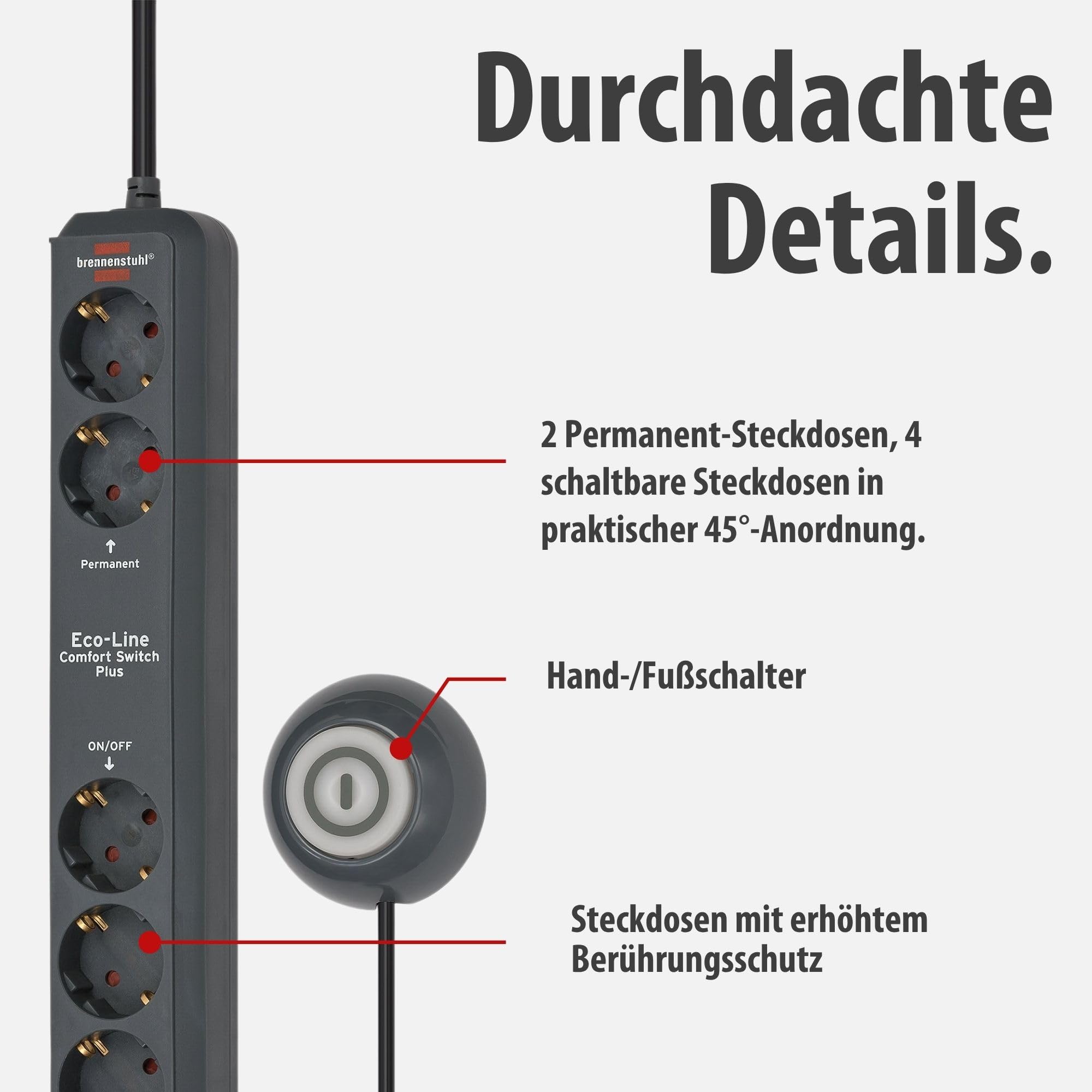 Brennenstuhl Eco-Line Comfort Switch Plus Steckdosenleiste 6-Fach (Mehrfachsteckdose mit 2 permanenten und 4 schaltbaren Steckdosen, beleuchteter Fußschalter) anthrazit 4