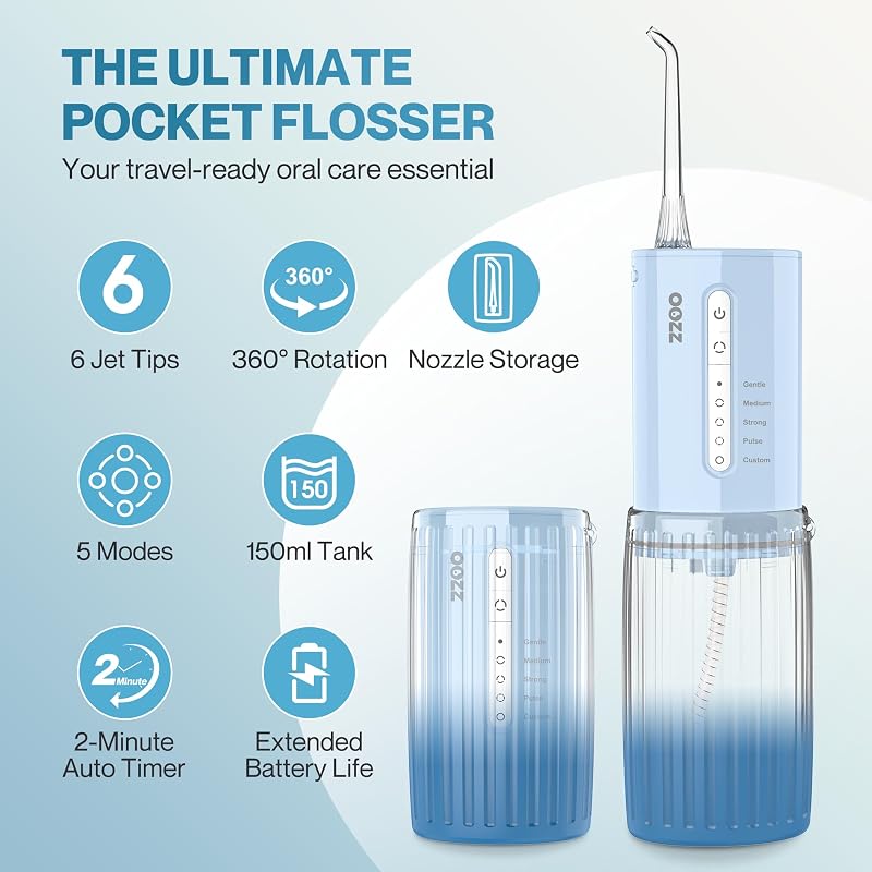 Irrigador oral de viagem, irrigador oral sem fios de bolso, 5 modos de pressão, 6 pontas de jato, design compacto USB recarregável (Gradient Blue) — foto 4 de 8