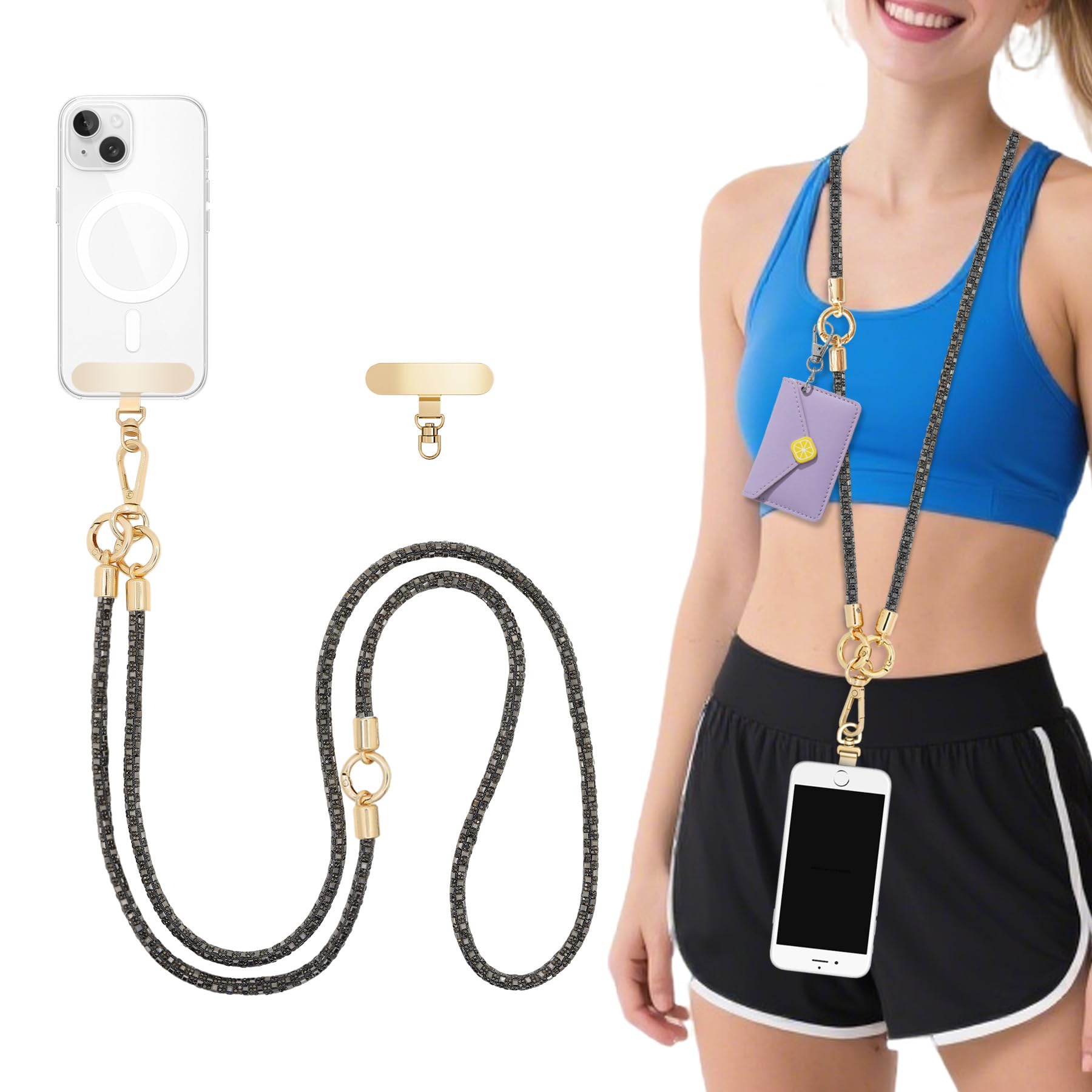 ABJFJE Crystal Phone Lanyard Crossbody Phone Strap Cell Phone Neck lanyard Rhinestone Anti Theft Phone Strap for Women (Grey)