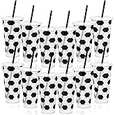 HYMENEX 12 Pcs Soccer Plastic Cups, 24 oz Soccer Party Cups with Straws and Lids Sports Ball Plastic Tumblers for Sports Themed Party Decorations Birthday Favors Home Office Supplies