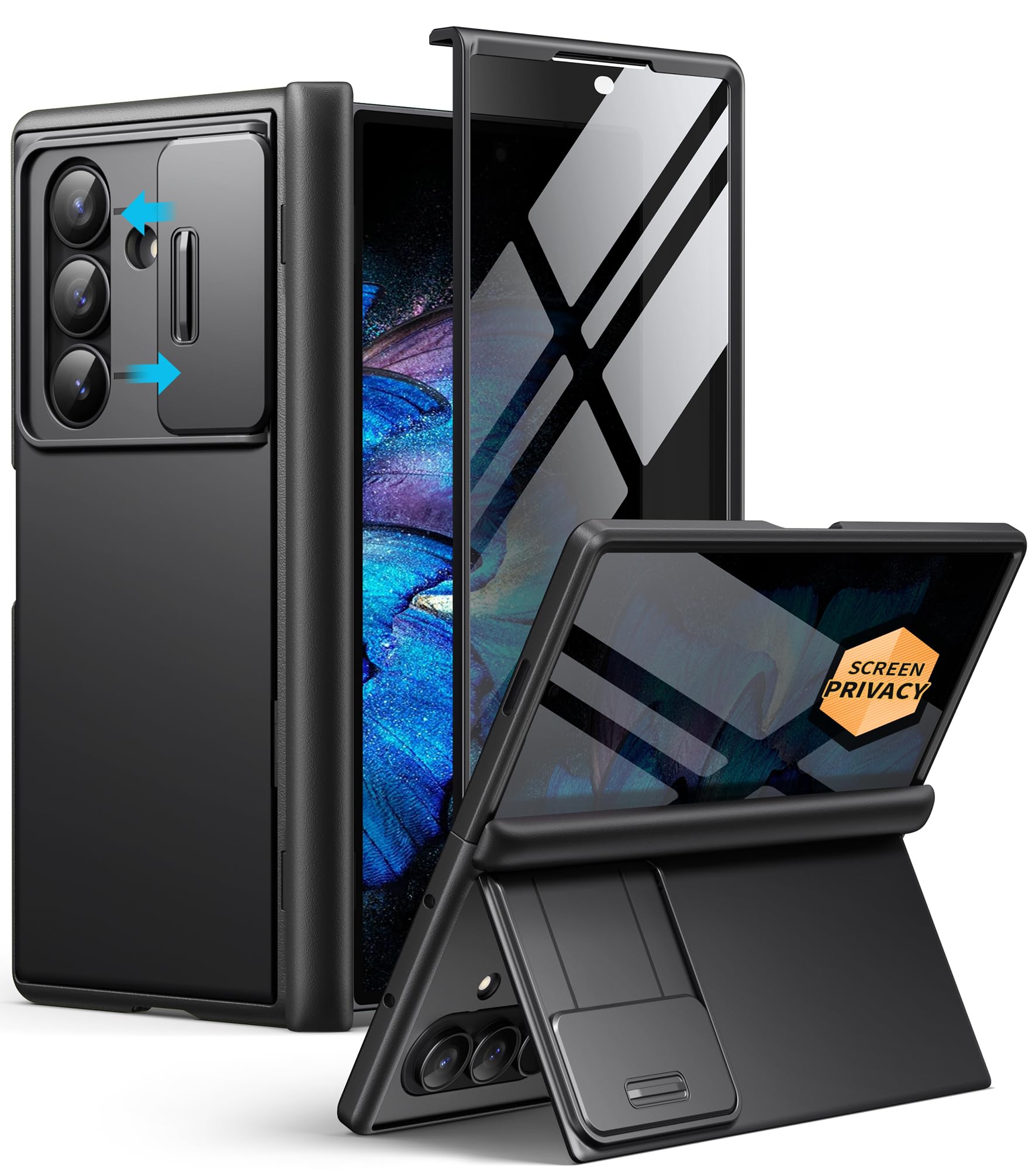 Photo 1 of BERFY for Z Fold 7 Case with Privacy Screen Protector, [Anti Spy] Hidden Kickstand & Slide Camera Cover & Hinge Protective, Full Body Shockproof Slim Hard Phone Case for Samsung Galaxy Z Fold 7, Black