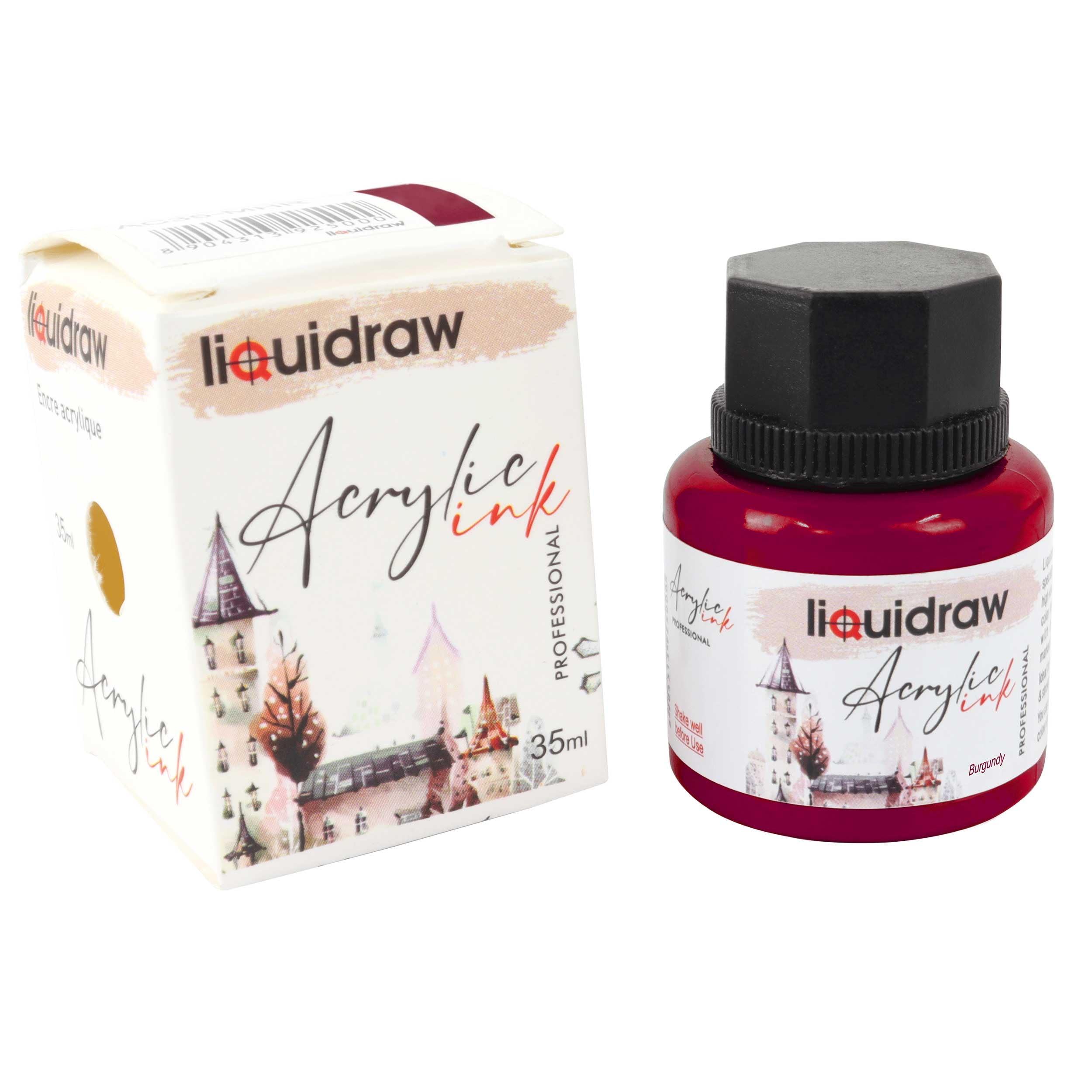 Liquidraw Acrylic Inks for Artists 20 Colours Black White Available Waterproof Ink 35ml Professional for Painting, Drawing, Paints, Art, Brushes, Paper, Board, Canvas, Fabric & Wood (Burgundy)