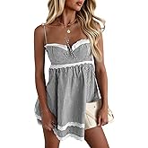 Wenrine Womens Summer Mini Dress Spaghetti Strap Sweetheart Y2K Plaid Lace Trim Tiered Beach Sundress Dresses