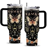 Uibunoo Butterfly Gift for Woman, 40 Oz Goth Butterfly Tumbler Mug Cup with Handle & Straw, Christmas Gifts for Butterflies Moon Animal Lover, Flower Themed Gifts, 1 PCS