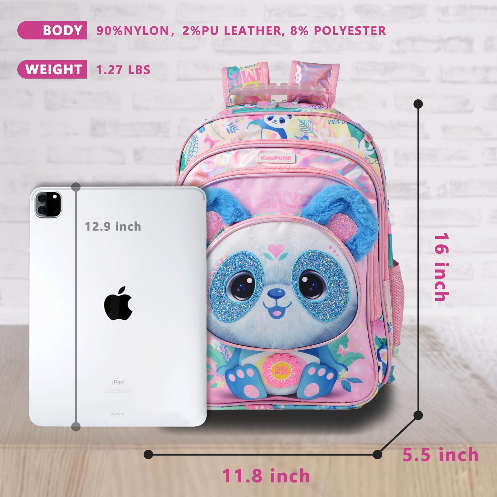 Girls Backpack Kids Backpacks for Girls Cute Panda Backpack for Girls Kawaii Backpack for Preschool Elementary Kindergarten,Pink,Large Capacity,16 Inch