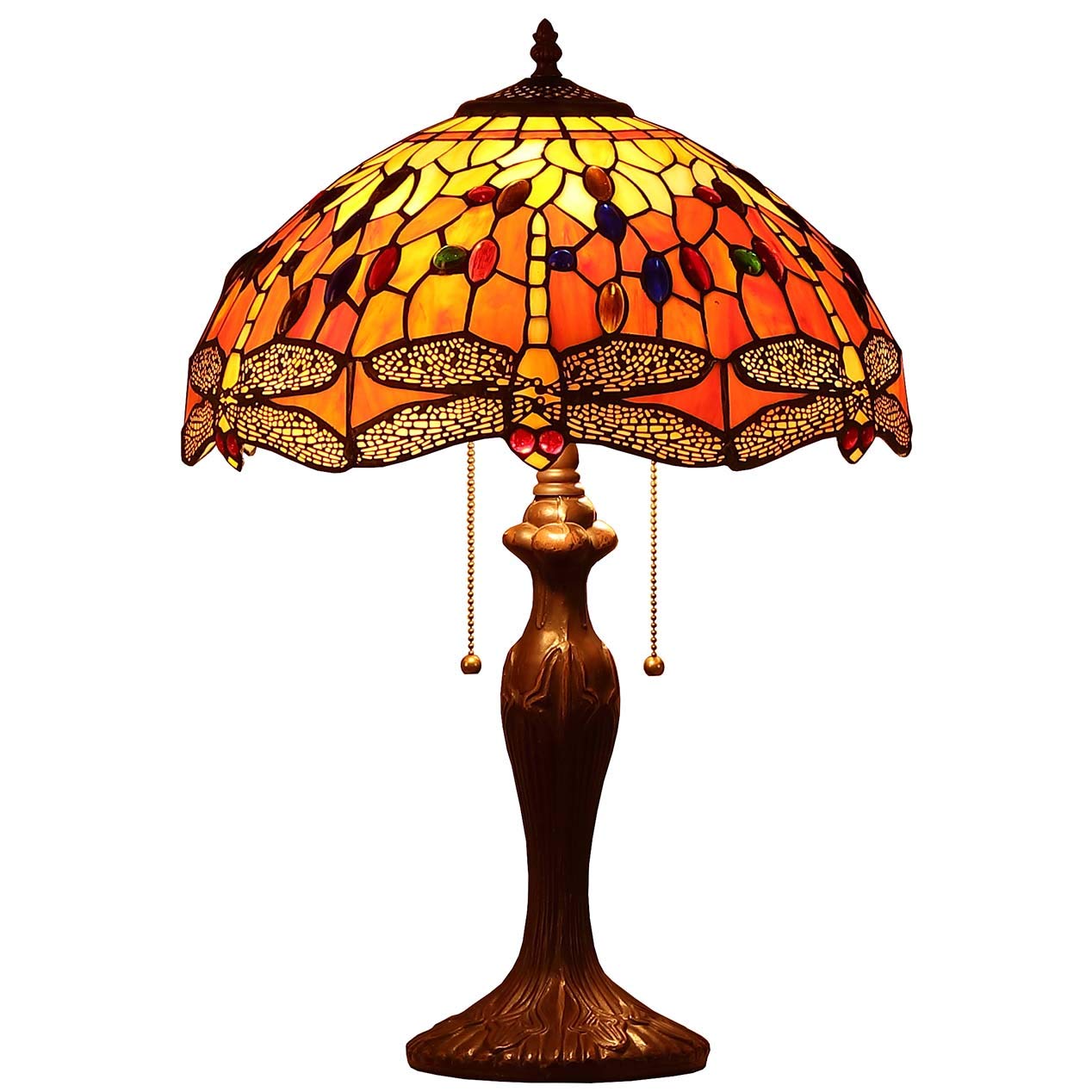 Bieye L30711 Dragonfly Tiffany Style Stained Glass Table Lamp with 16-inches Wide Handmade Lamp Shade for Living Room Bedroom Bedside Coffee Table, Orange, 23 Inches Tall…