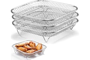 P&P CHEF 7.72 Inch Square Air Fryer Rack Set of 3, Stackable Stainless Steel Air Fryer Basket Accessories, Deep Dehydrator Racks Frying Baskets for Baking Roasting, Oven & Dishwasher Safe