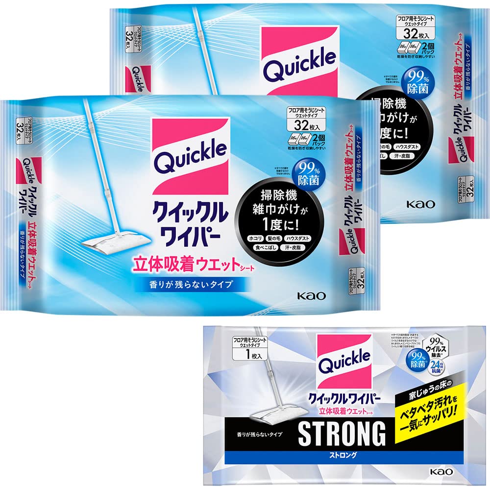 クイックル 【まとめ買い】ワイパー立体吸着ウエットシート 香りが残らないタイプ 32枚×2個 ストロング1枚シート付商品画像