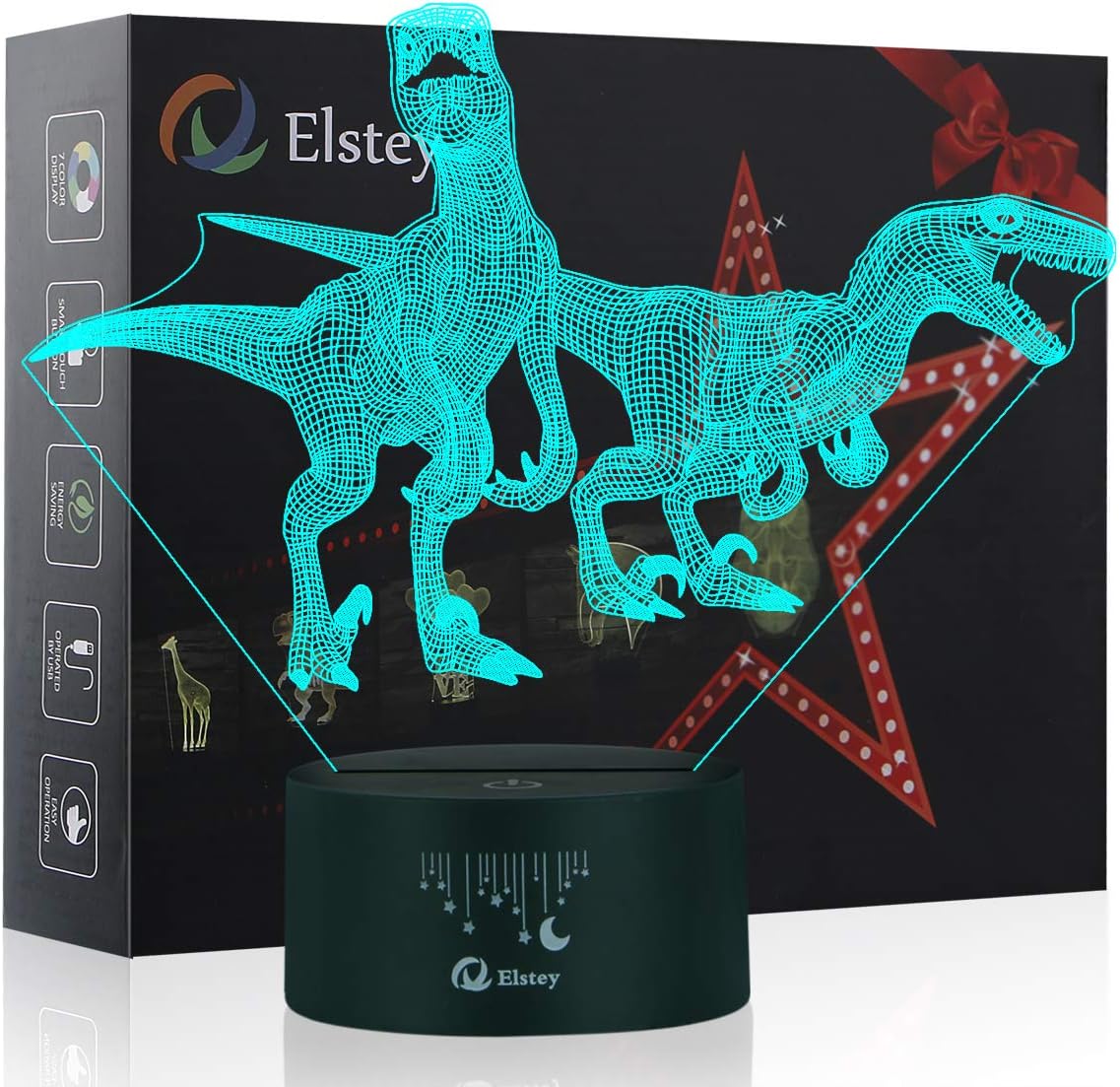 Dinosaur Night Light,Elstey 3D LED Lamp for Kids,7 Colors Changing Touch Table Desk Lighting,Bedroom Sleep Lights,Velociraptor Cool Gifts for Christmas Holiday