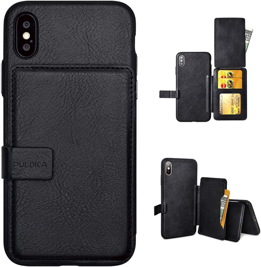 PULOKA iPhone Case Xs Max Flip Wallet Leather Card Holder Slot Kickstand for iPhone 6.5"(Black)
