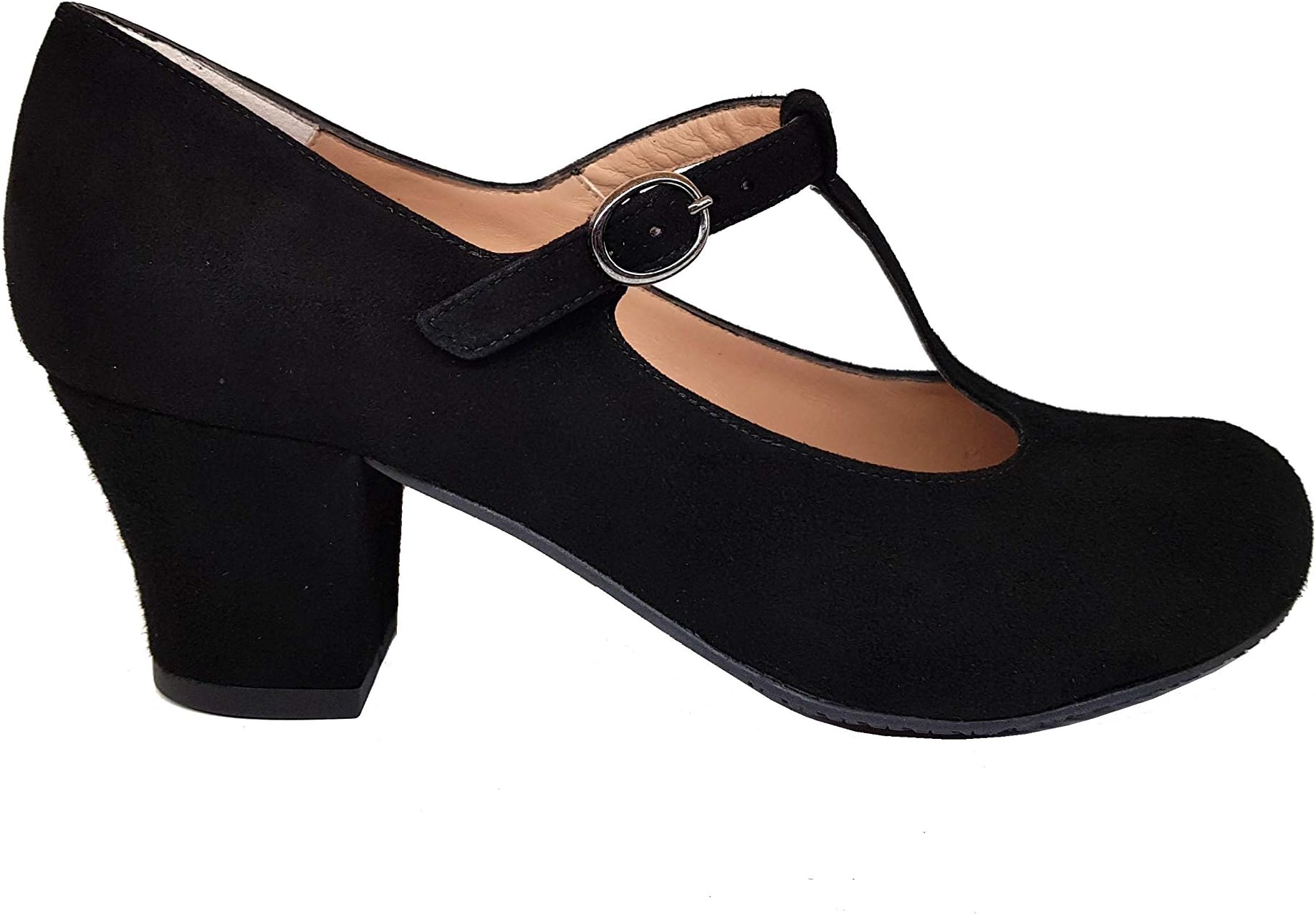 GENNIA JICTORSIN. - Women Closed Toe T-bar Leather Pumps with Block Heel 5 cm and Buckle Clossure