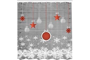 Ambesonne Christmas Shower Curtain, Traditional Celebration Theme Pendant Stars Baubles Ornate Snowflakes, Cloth Fabric Bathroom Decor Set with Hooks, 69" W x 70" L, Grey Red White