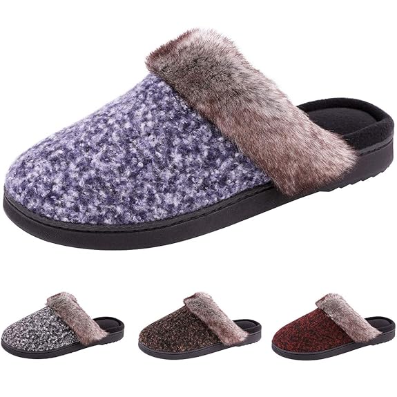 VeraCosy Bequeme Damen Wollplüsch Memory Foam Slip-On Hausschuhe mit Anti-Rutsch Gummisohle