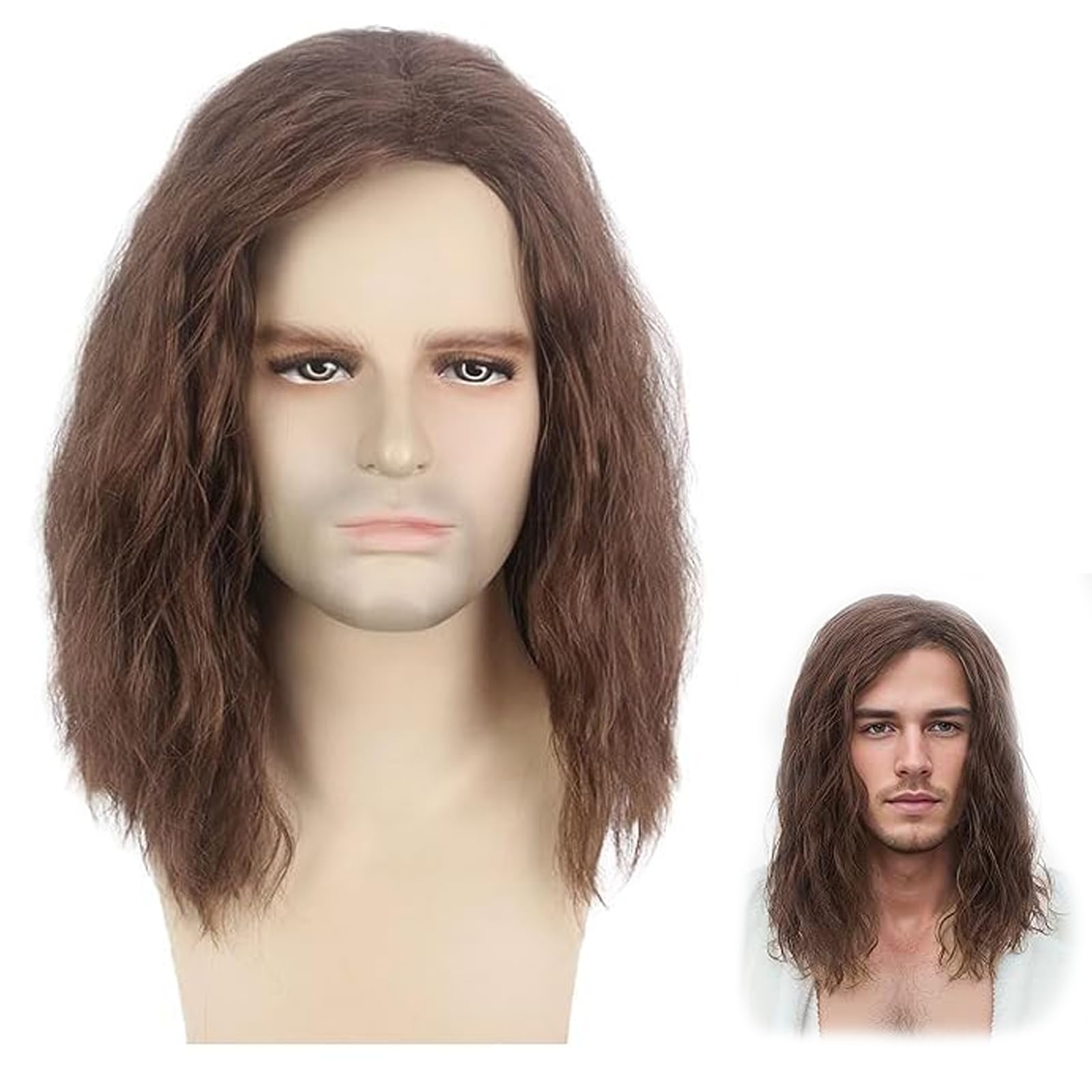 Bettinay Mullet Wigs for Men, Brown Mid Length Curly Fancy Dress Wigs Men for 70s 80s