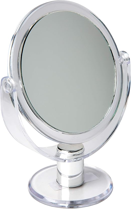 Amazon Com Bath Bliss Double Sided Free Standing Swivel Vanity Mirror Regular 10x S Magnification Make Up Shaving Use Tabletop Rubberized Clear Home Kitchen