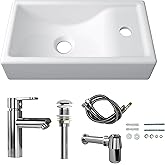 MEJE 16-Inch Wall Hung Basin Sink Combo, Small Cloakroom Basin, Rectangle Ceramic Bathroom Wash Basin - Right Hand Sink Set (