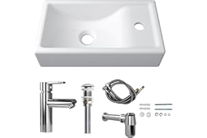 MEJE 16-Inch Wall Hung Basin Sink Combo, Small Cloakroom Basin, Rectangle Ceramic Bathroom Wash Basin - Right Hand Sink Set (Include Faucet & Pop-up Drain)