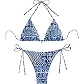 WDIRARA Women's 2 Piece Floral Print Swimsuits Geometric Halter String Triangle Bikini Set Beach Bathing Suit
