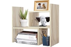 TY ARTS & CULTURE - Expandable Wood Desktop Storage Organizer Multipurpose Desk Bookshelf Display Shelf Rack Counter Top Bookcase for Office Home | Natural Beige