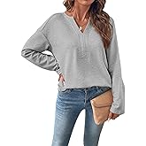 SHEWIN Womens Casual V Neck Sweatshirt Long Sleeve Lightweight Drop Shoulder Solid Pullover Tops