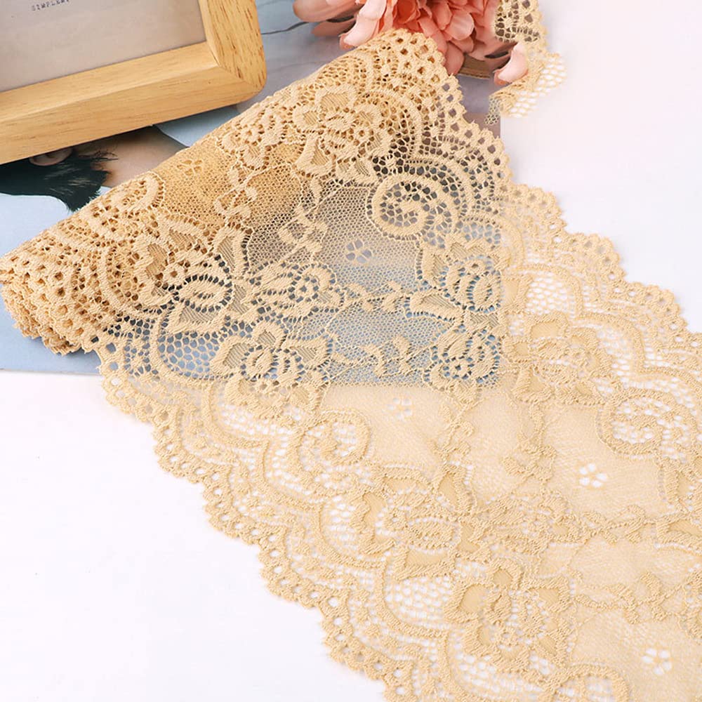 15 cm x 3 m Elasticity Lace Ribbon Lace Trim Decorative Ribbon Lace Trimming Ribbon for Sewing, DIY Crafts, Decoration for Clothes, Underwear, Lingerie, Wedding Dress, Table Decoration, Gold