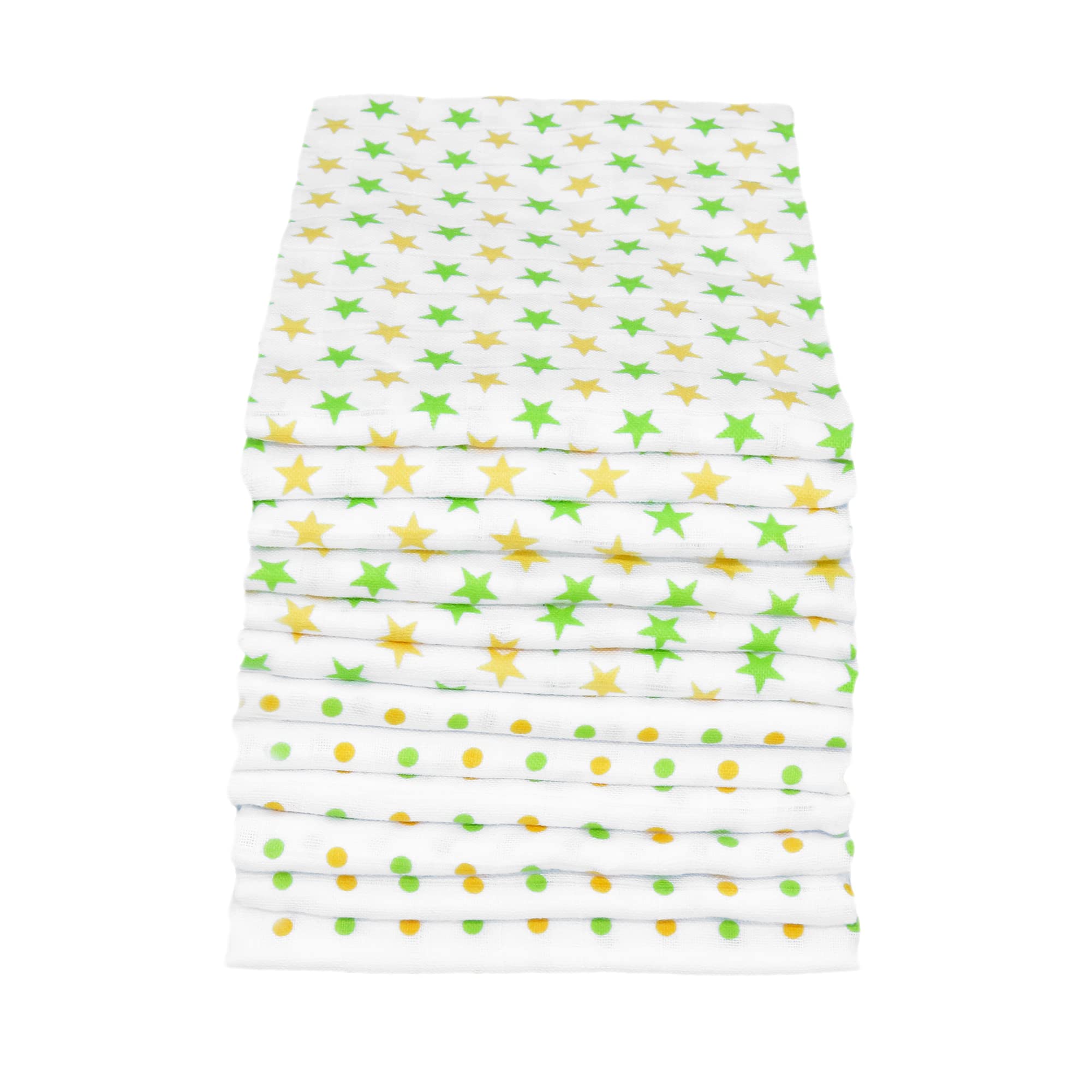 MuslinZ 12 Pack Muslin Cloths 70 x 70cm 100% Pure Cotton - Burp Cloths - Dribble Cloth - Reusable Nappy - Multi use Muslin Squares. (Yellow Star-Spot)
