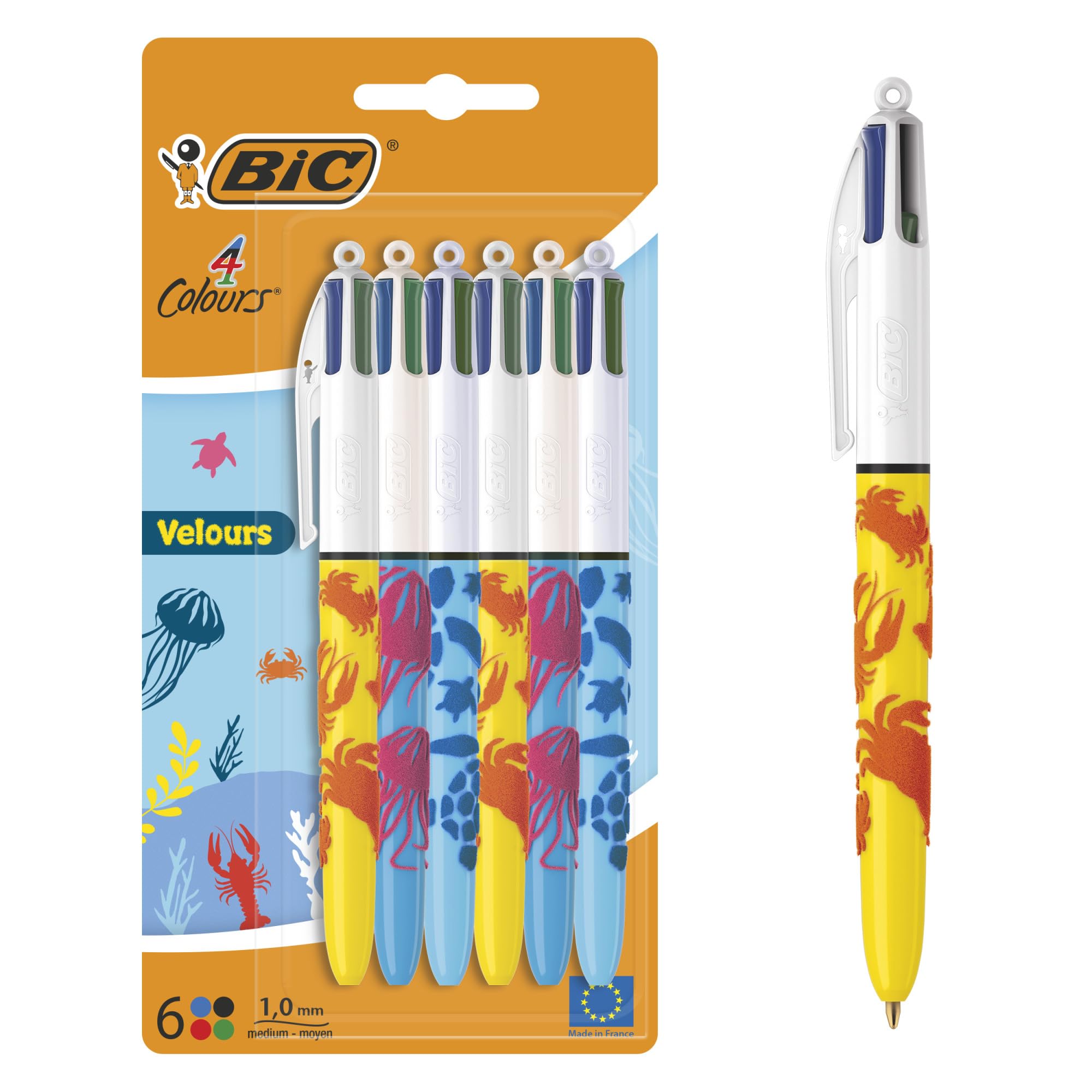 BIC 4 Colours Velours Ball Pens Medium Points (1.00 mm) Sea Life Theme - 3 Assorted Designs, Pack of 6