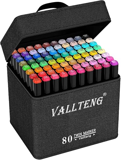 Vallteng 80 Colors Permanent Markers Twin Broad Fine Point Black Bag