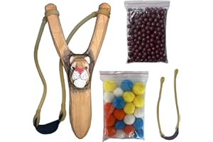 LINJAY LANJAY Handmade Solid Slingshot with Personalized Carvings, Clay Balls & Pompoms, for Indoor/Outdoor Games, Hunting, Suitable for Adults & Kids