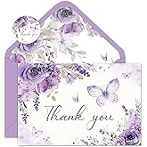 FYSUIMU 30 Pack Purple Floral Thank You Cards Watercolor Lavender Butterfly Greeting Cards with Envelopes Stickers Blank Note Cards for Birthday Baby Shower Wedding, 4 x 6 Inch