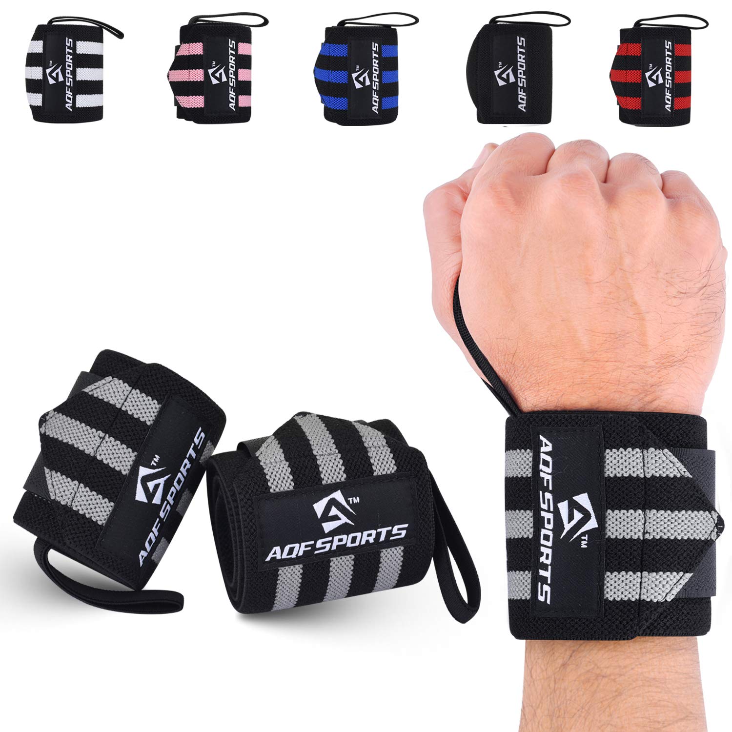 AQF 18” Wrist Wraps Supports Heavy Duty Weightlifting Gym Training Fist Straps with Thumb Loop (Grey & Black)