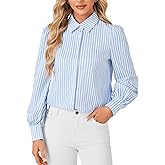 Vrtige Women's Striped Button Down Shirt Collar Neck Bishop Long Sleeve Office Top Work Blouse