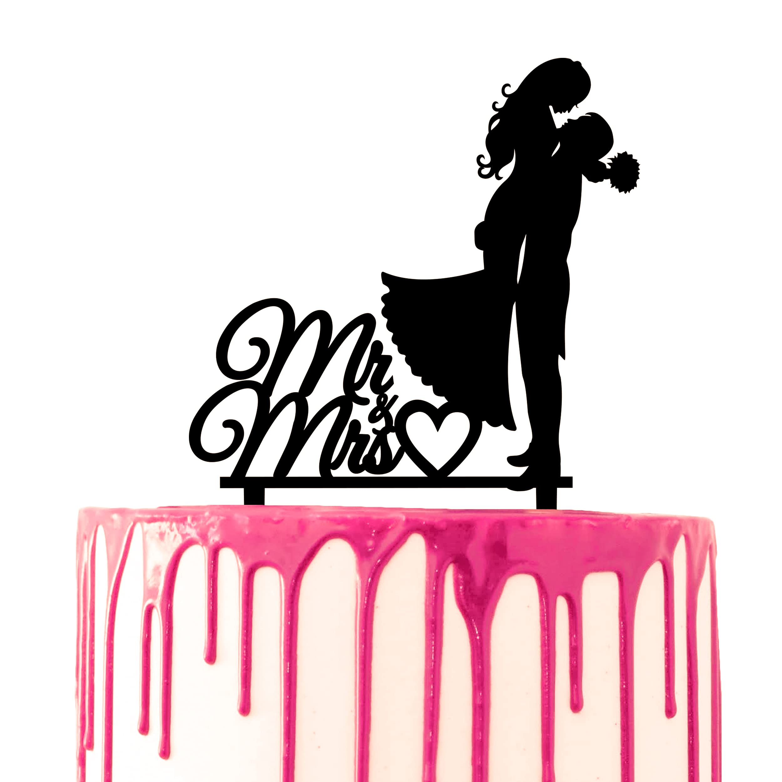 CARISPIBET Wedding cake topper groom picks up bride with Mr & Mrs script and heart funny cake decoration