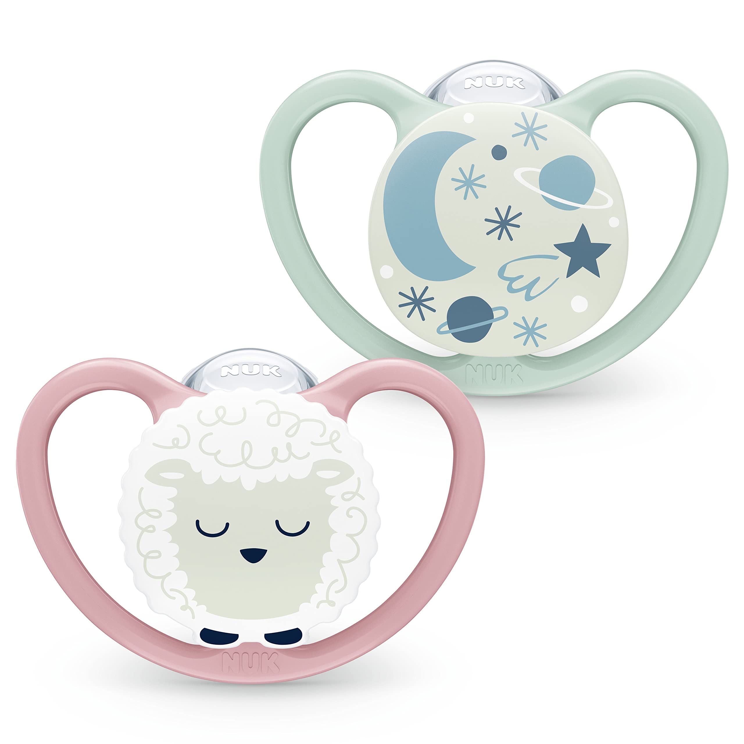 NUK Space Night Baby Dummy | 6-18 Months | Glow-in-The-Dark Soothers with Extra Ventilation for Sensitive Skin | BPA-Free Silicone | Sheep & Moon | 2 Count