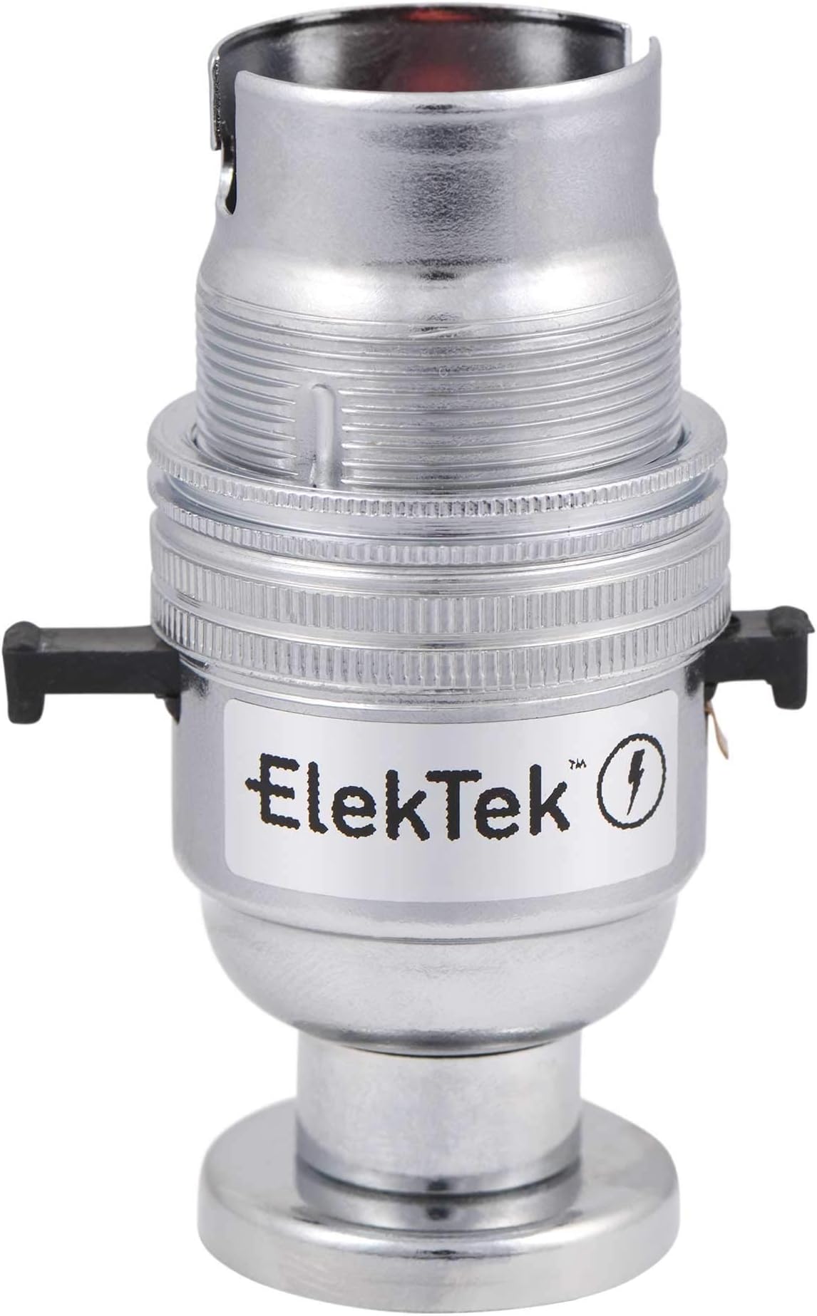 ElekTek Special Safety Switch Lamp Bulb Holder B22 BC Bayonet Shade Ring, Chrome, Back Plate Mount (CNC Brass), Cover and Screws, Child Safe Switch Push Bar locks OFF to cut power if lamp bulb not inserted - Made in UK