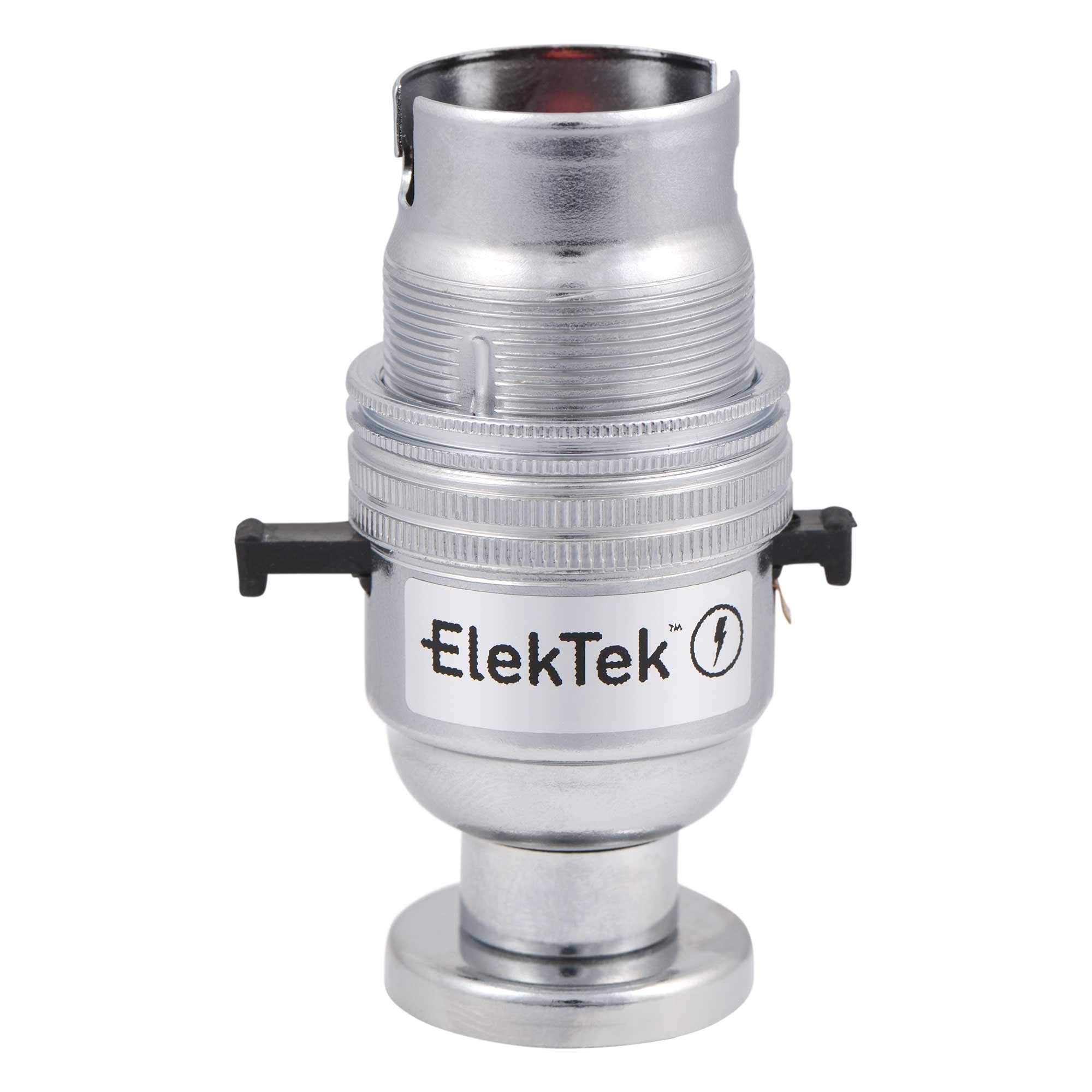 ElekTek Safety Switched Lamp Bulb Holder B22 BC Bayonet Cap Shade Ring, Chrome, CNC Back Plate Mount Cover & Screws Made in UK - Child Safe Switch Push Bar locks OFF & cuts power if no bulb fitted