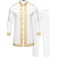 ZSJR Mens African 2 Piece Set Nigerian Dashiki Metallic Traditional Suit Gold Stamp Printed Shirt and Pants Outfit