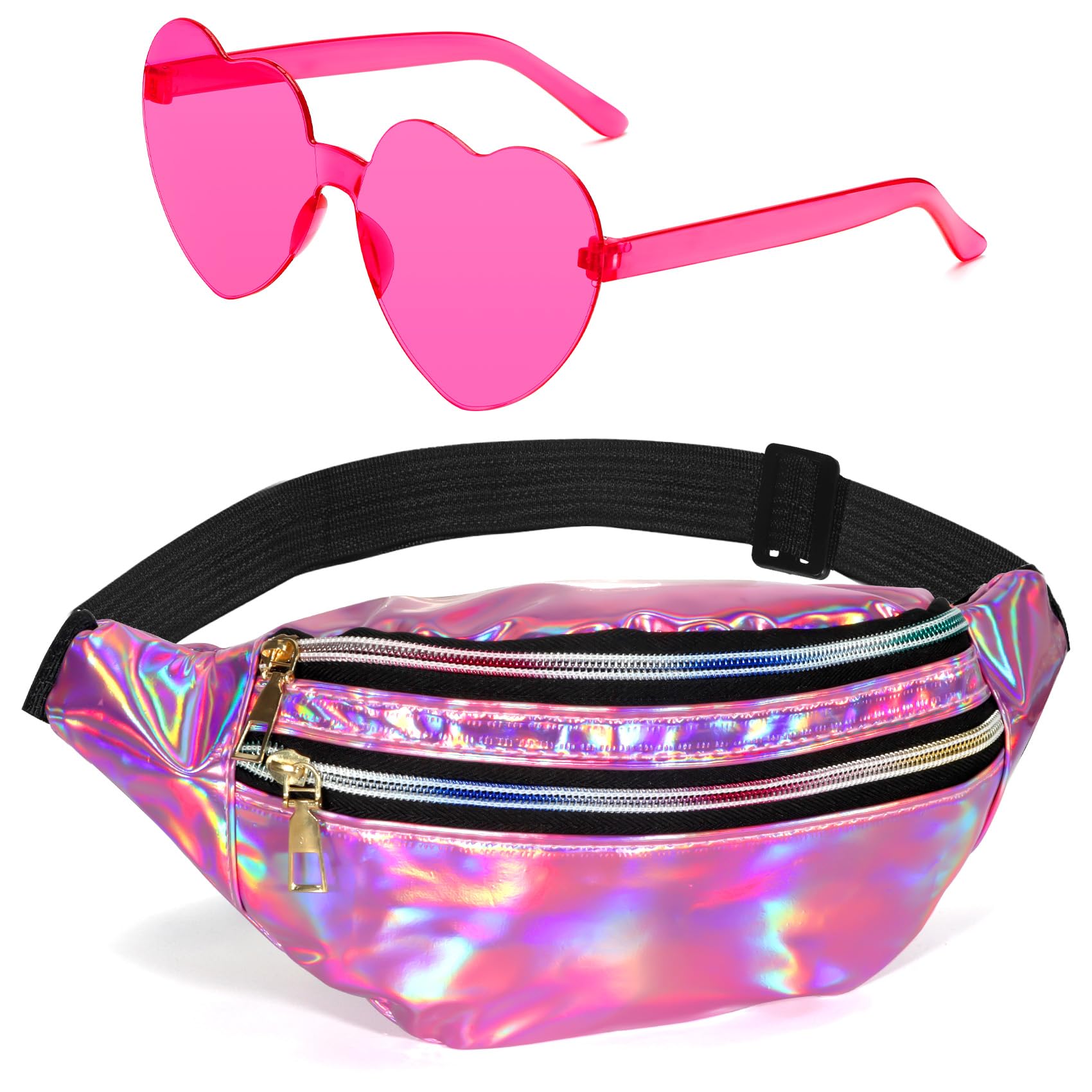 Photo 1 of Holographic Fanny Packs for Women Men,Heart Sunglasses,80s 90s Fanny Pack,Crossbody Fanny Packs for Women,Metallic Color Sport Waistbag,Pink Fanny Pack,Shiny Waist Pack,Rimless Heart Glasses