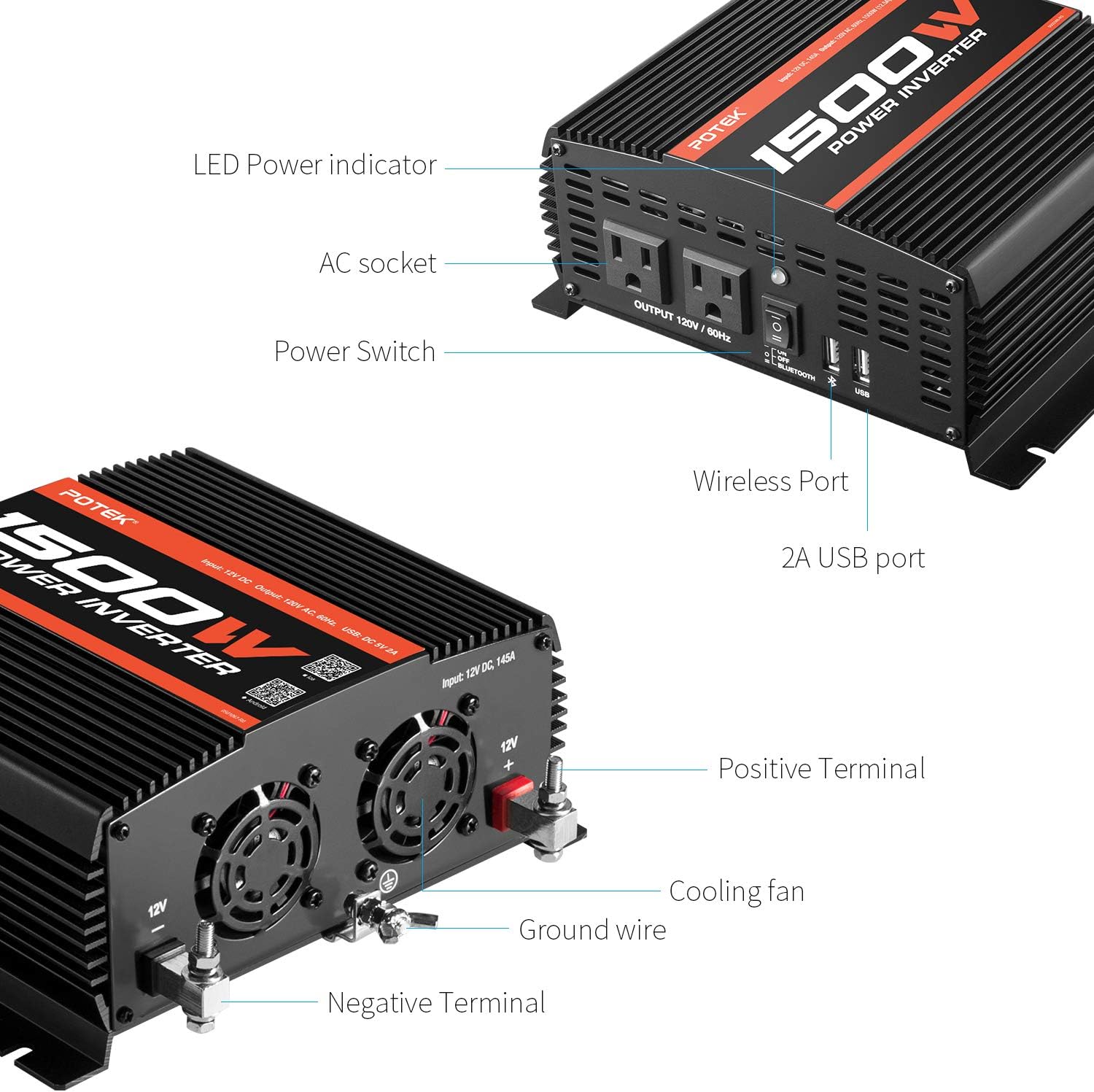 POTEK 1500W Power Inverter Dual AC Outlets DC 12V to 110 V Car Inverter with USB and Bluetooth: Automotive